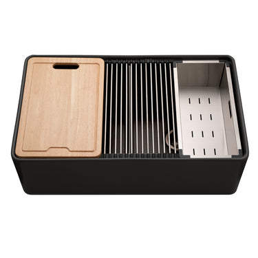 Houzer Aspire 33 inch Fireclay Farmhouse Apron Front 50/50 Double Bowl Workstation Sink with Accessories